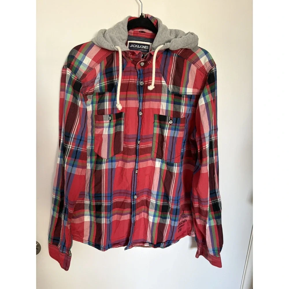 Jack & Jones Boys Detachable Hood Plaid Cotton Shirt Jacket Red Blue Green XL